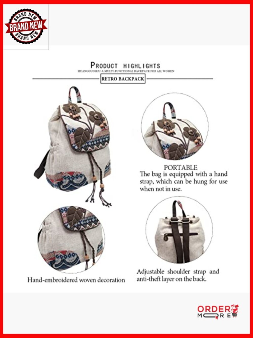 Vintage Bohemian Drawstring Canvas Backpack Purse Women's Hand-Embroidered - Picture 2 of 7